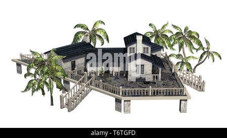 beautiful house with palm trees - isolated on white background Stock Photo