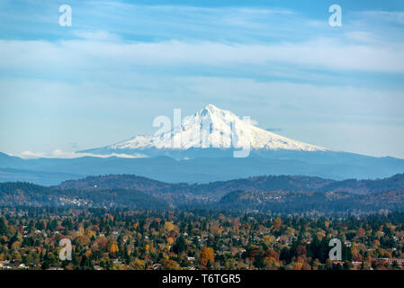 View of Mt. Hood and forest covered hills as seen from Portland, Oregon Stock Photo
