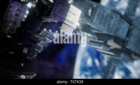 Highly detailed huge spaceship approaching to the Earth. Stock Photo