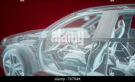 Holographic animation of 3D wireframe car model with engine Stock Photo