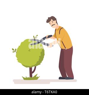 Gardener trim trees in garden. Worker cut hedge Stock Vector