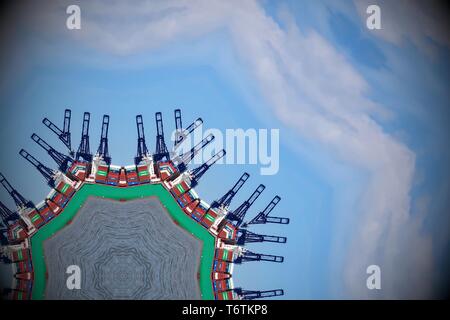 Abstract image created with a kaleidoscope filter. Shipping containers and cranes. Port of Felixstowe, Suffolk, UK. Stock Photo