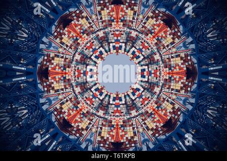 Abstract image created with a kaleidoscope filter. Shipping containers and cranes. Port of Felixstowe, Suffolk, UK. Stock Photo