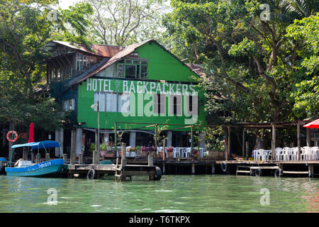 Latin America hotel - the Backpackers Hotel on the Rio Dulce ( Dulce River ), Guatemala, Central America Stock Photo