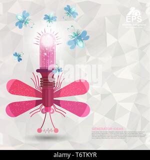big flat dragonfly with lamp and some glowworm near on crampled paper background, generator ideas Stock Vector