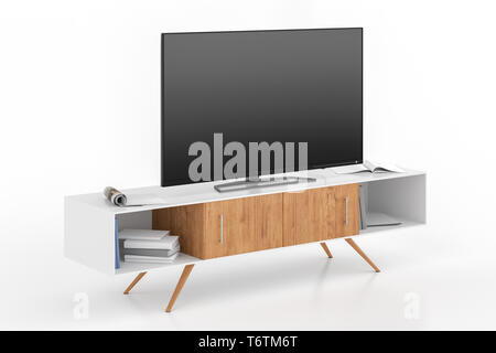 TV on the cabinet isolated on white background. Side view Stock Photo