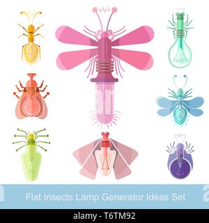 flat design icon of different insects with lamps generator ideas Stock Vector
