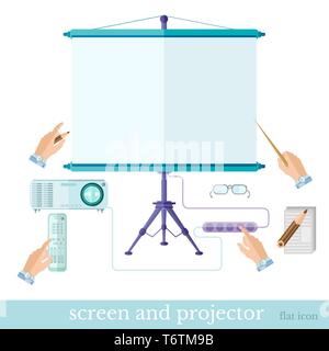 Flat business or education presentation illustration with equipment screen projector note console set on white Stock Vector