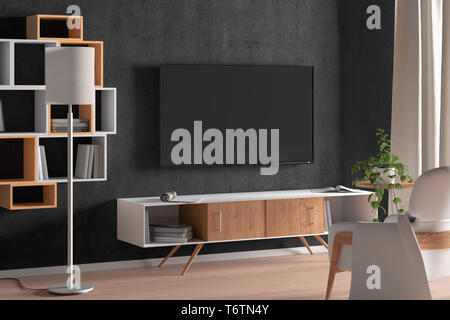 TV screen on the gray wall in modern living room Stock Photo