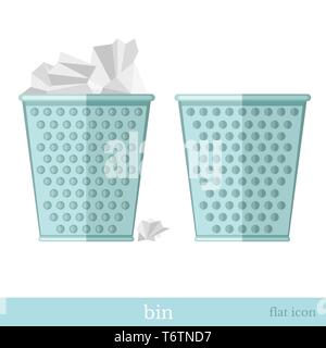 two flat icon with dustbin or wastebaskets empty and with crumpled paper objects on white Stock Vector