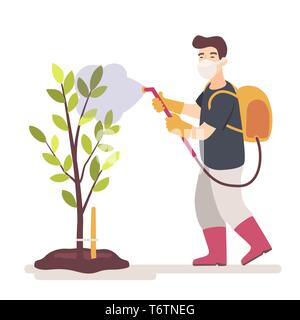 Pest Protection. Grower in mask sprays fruit tree. Stock Vector