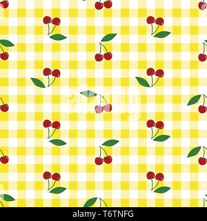 Vector seamless pattern with cherries with leaves on yellow checkered bachground. Stock Vector