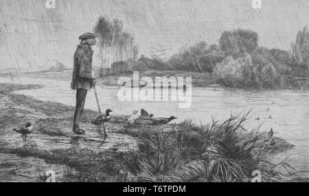 Black and white etching, depicting a winding river on a rainy day, with a slim mature man, wearing a cap and jacket and leaning forward on a cane, while standing in profile, surrounded by ducks, on the sodden riverbank in the foreground, with trees and bushes visible on the opposite bank; titled 'Les canards l'ont bien passee' (The Ducks did it Well); numbered and signed, with a bar of musical notation below the image; by the illustrator Felix Bracquemond, 1867. From the New York Public Library. () Stock Photo