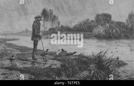 Black and white etching, depicting a winding river on a rainy day, with a slim mature man, wearing a cap and jacket and leaning forward on a cane, while standing in profile surrounded by ducks, on the sodden riverbank in the foreground, and with trees and bushes visible on the opposite bank; titled 'Les canards l'ont bien passee' (The Ducks did it Well); numbered, with a bar of musical notation below the image; by the illustrator Felix Bracquemond, 1867. From the New York Public Library. () Stock Photo