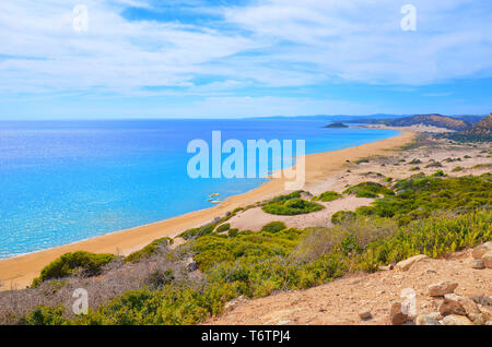 Amazing view of the Golden Beach in Karpas Peninsula, Turkish Northern Cyprus taken on a sunny summer day. One of the most beautiful Cypriot beaches is an amazing off the beaten track spot. Stock Photo