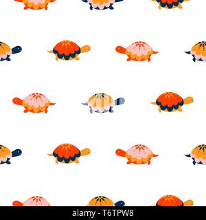 Turtle seamless vector pattern. Cartoon style red fun tortoise background. Stock Vector