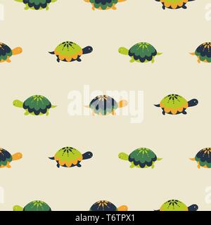 Turtle seamless vector pattern. Cartoon style green fun turtles background. Stock Vector