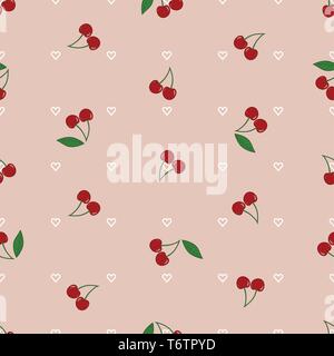 Vector seamless pattern with cherries hearts and leaves on pink background. Stock Vector