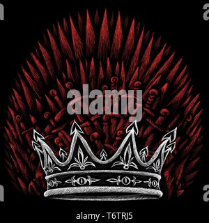 The throne of  kings and crown and cold weapons of the Middle Ages and swords or T-shirt design or outwear. Hunting swords of king background. Stock Vector