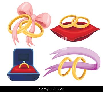 Golden weddings rings on red velvet pillow, purple ribbon. Golden jewelry set. Flat vector illustration on white background. Stock Vector