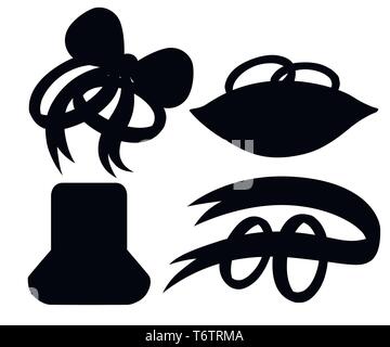 Black silhouette. Golden weddings rings on red velvet pillow, purple ribbon. Golden jewelry set. Flat vector illustration on white background. Stock Vector