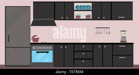 kitchen interior dining flat illustration with stove fridge table and dishes on pink background Stock Vector