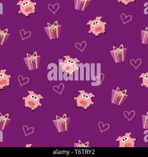 seamless romantic pattern with pig and gift box with hearts on pink background for valentines day and new year and christmas for textile and print Stock Vector