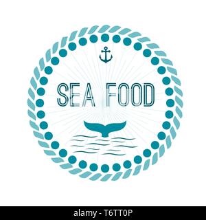 logo with a dolphin fish host with waves and anchor round blue on an isolated white background with the text sea food for a restaurant Stock Vector