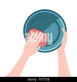 hands washing the dishes a plate of cleaning agent with a sponge on a white background Stock Vector