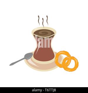 vector beautiful delicious hot tea in a traditional glass cup with a bagel simit in turkey istanbul on a white background Stock Vector