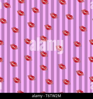 beautiful seamless pattern with a pattern of red lips on a pink background in stripes for a holiday in February, the day of St. Valentine Stock Vector