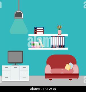 design interior furniture in a room with a red sofa and a chest of drawers a table with a TV and a lamp and a flowerpot with flowers on a blue backgro Stock Vector