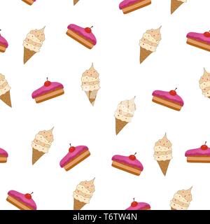 beautiful vector seamless pattern with sweet food cake pink capcake and ice cream in a waffle glass on a white background for textiles and fabric Stock Vector