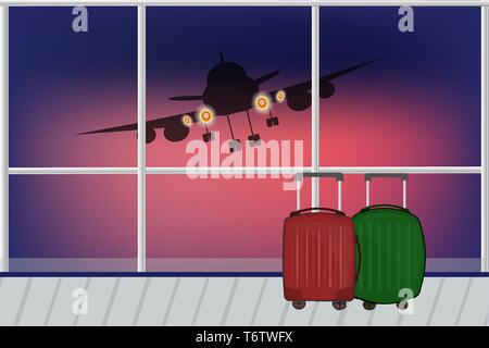 vector illustration view from the airport window on the runway with a flying airplane at sunset or sunrise at night with suitcases red and green for a Stock Vector