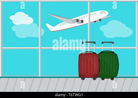 vector illustration view from the airport window on to the runway with a flying airplane in the afternoon with blue sky and clouds with suitcases red  Stock Vector