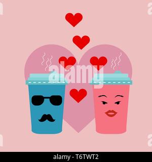 vector cartoon cups in love with emotions of blue and pink with a cappuccino drink coffee with mustaches and lips with glasses and hearts for Valentin Stock Vector