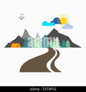 vector tourist drawing mountains with trees in the forest with tent and clouds and sun for travels and trips on a white background Stock Vector