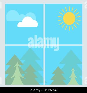 vector window frame with a view of a green forest with summer trees in the summer with clouds and sun Stock Vector