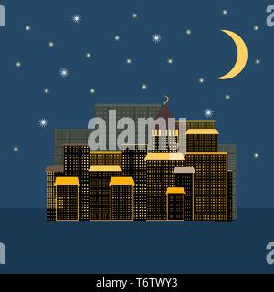 vector view of a night city with windows and tall buildings houses on a dark sky background with a month and stars Stock Vector