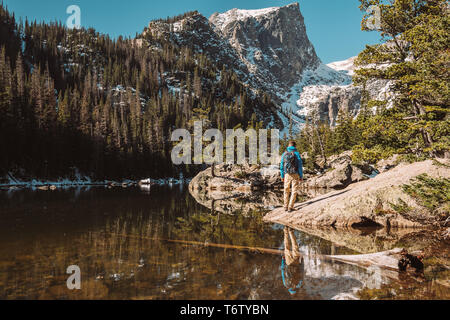 Tourist near Dream Lake in Colorado Stock Photo