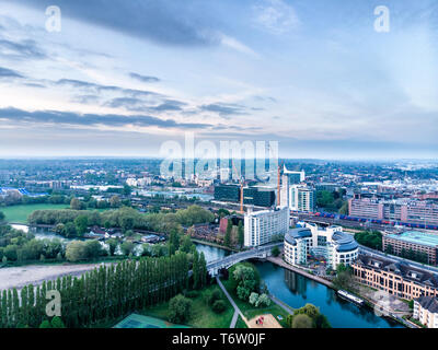 Aerial photograph of Reading, Berkshire, UK, taken at sunrise, including the River Thames.  Looking East, showing Reading Bridge. Stock Photo