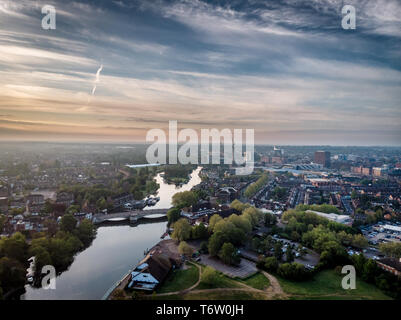 Aerial photograph of Reading, Berkshire, UK, taken at sunrise, including the River Thames. Looking East, showing Caversham Bridge Stock Photo