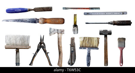 old used 13 different home tools isolated on white background Stock Photo