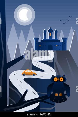 Cover of child book with castle, mountain, owl, car and big moon Stock Vector