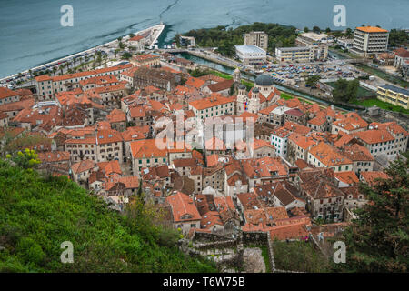 Red tiled roofs of Kotor Old town houses Stock Photo