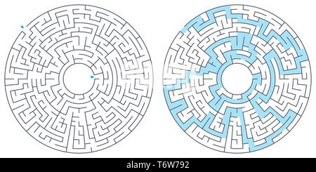 Maze, labyrinth with solution, vector illustration. Round, circular maze. High quality vector. Stock Vector
