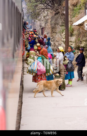 Tarahumara Indians selling handwoven baskets and other handicrafts. March 03, 2010 - Copper Canyon - Sierra Madre, Chihuahua State, Mexico, South Amer Stock Photo