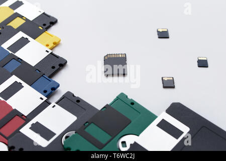 The evolution of digital data storage device. Floppy disks, flash ...
