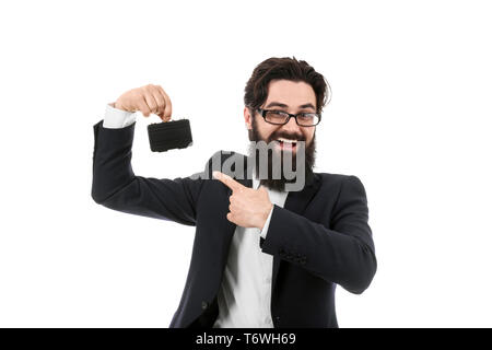 smiling bearded businessman holding an mini briefcase, man pointing at briefcase, isolated on white background, small business concept Stock Photo