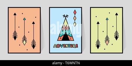 Adventure Inscription and three arrows for print typography. Kids room wall decor of wigwam or tipi in scandinavian style. Set colorful poster for nur Stock Vector